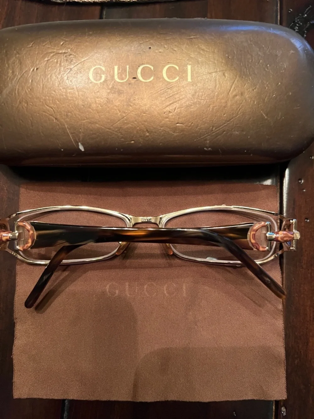Gucci Gold/Tortoiseshell Slim Rectangular Glasses - Picture 8 of 10